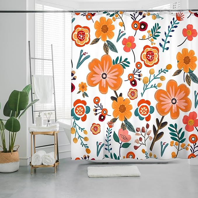 Bohemian Shower Curtain, Boho Floral Print Water Repellent Polyester Fabric for Bathroom Decor, 72×72 Inch Standard Size with 12 Hooks, Also as Room Divider
