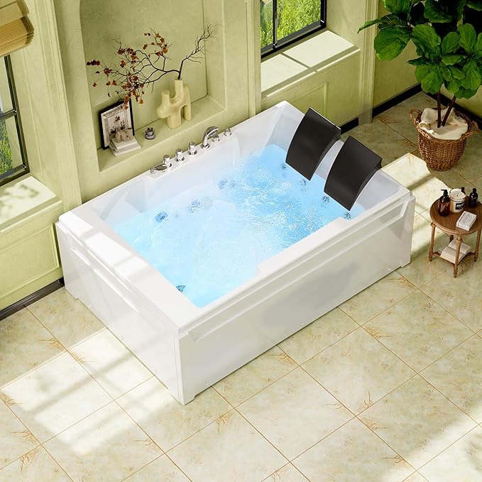 Empava 72" x 48" Whirlpool Tub, 2 Person Jetted Bathtub, Hydro Massage & Chromatherapy [ETL Certified], 3 Sided Apron, Acrylic , 1125 Watt, 110 Gallons, Left Drain