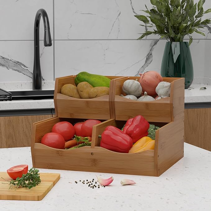 3 Set Bamboo Pantry Organizers and Storage, Open Front Vegetable Fruit Seasonings Stackable Storage Bins, Compact Stacking Storage Bins for Pantry, Bedroom, Office, Kitchen Counter Organizer (Walnut)