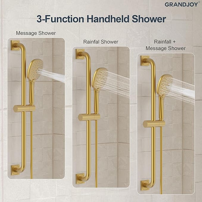 Brushed Gold 10 Inch Rainfall Shower System with Handheld Spray & Adjustable Slide Bar, Wall Mount Bathroom Shower Faucet Set, Valve Included