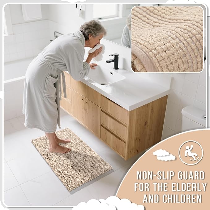 Yimobra Bathroom Rugs Sets 2 Piece - Quick Dry Extra Thick Luxury Chenille Bath Mat, Non Slip Super Absorbent for Tub Shower Sink, Machine Washable Shaggy Floor Mat, 32"x20"+24"x20" Inch, Light Brown