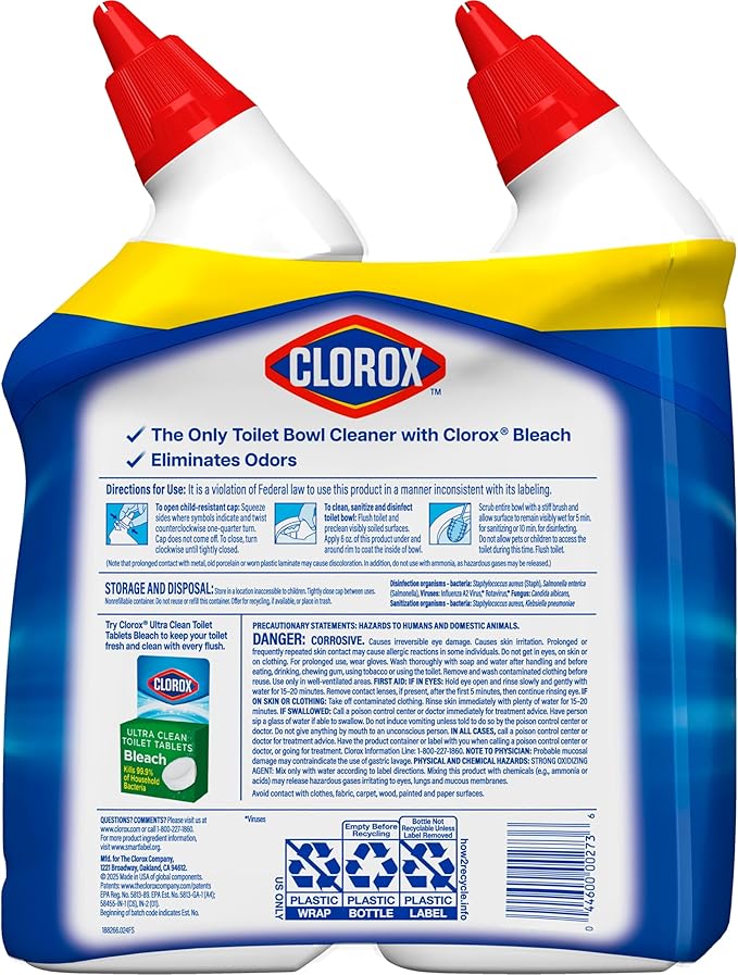 Clorox Toilet Bowl Cleaner Bleach, Rain Clean, 24 Fluid Ounces, Pack of 2 (Package May Vary)