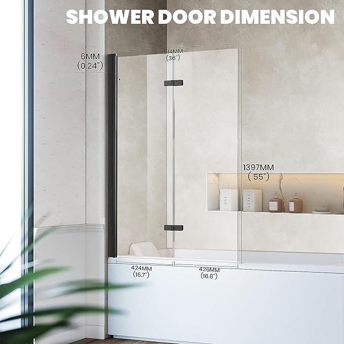 Bathtub Folding Shower Glass Door, 36" W*55" H Pivot H-Type Frameless Tub Shower Door, Clear Tempered Glass Shower Screen Panel for Bathroom, Matte Black