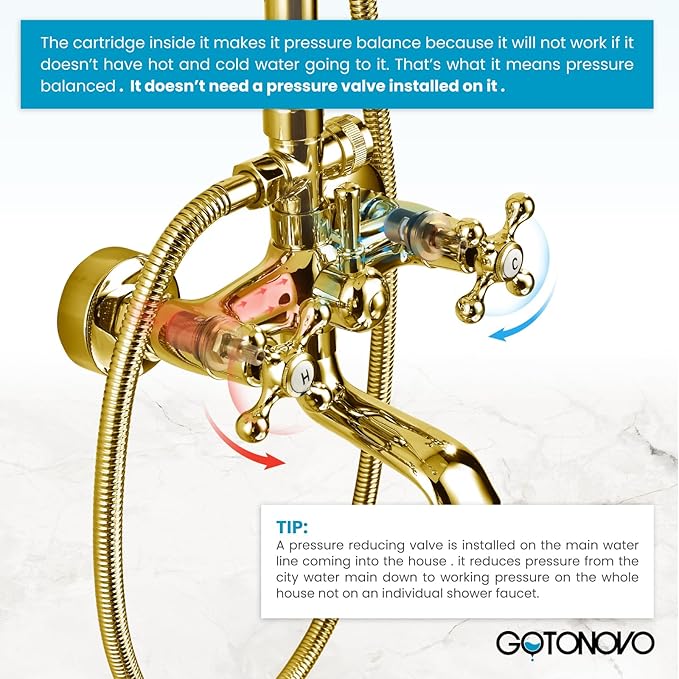 gotonovo Exposed Bathroom Shower System Classic Shower Kit 8 Inch Luxurious Rainfall Shower Head Handheld Spray Tub Filler Brass Pipe 3-Function Wall Mount Double Cross Knobs Polished Gold