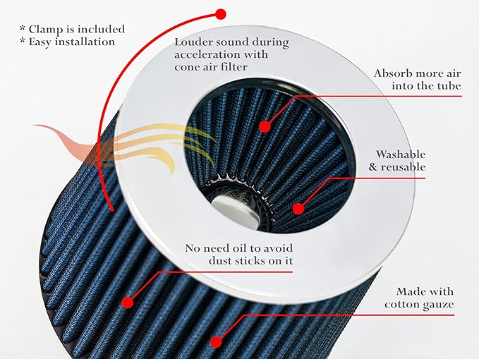 BLUE Cold Air Intake Cone Replacement Performance Washable Clamp-On Dry Air - Image 4