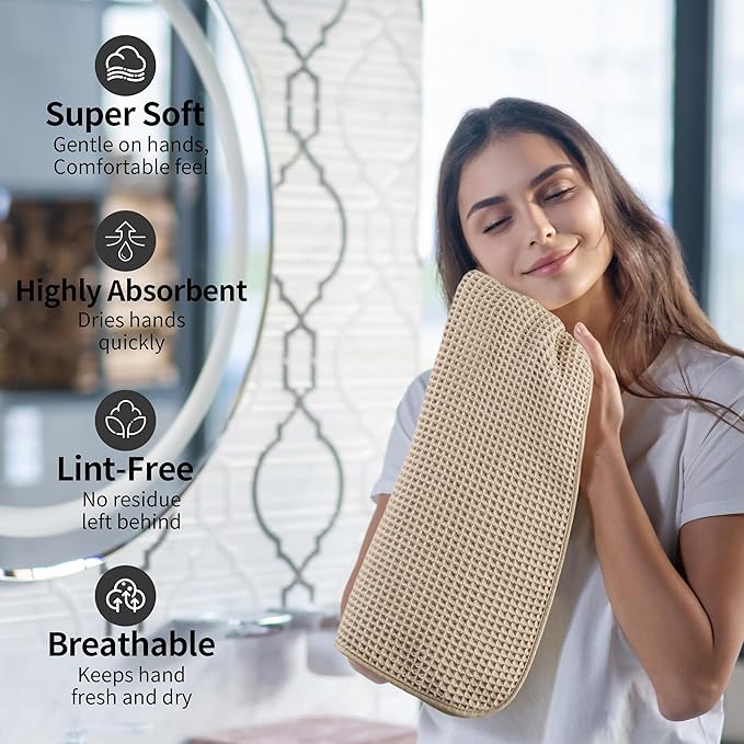 Microfiber Waffle Hand Towels, 4 Pieces, Soft, Absorbent, Fast Drying, Lint Free (Beige)