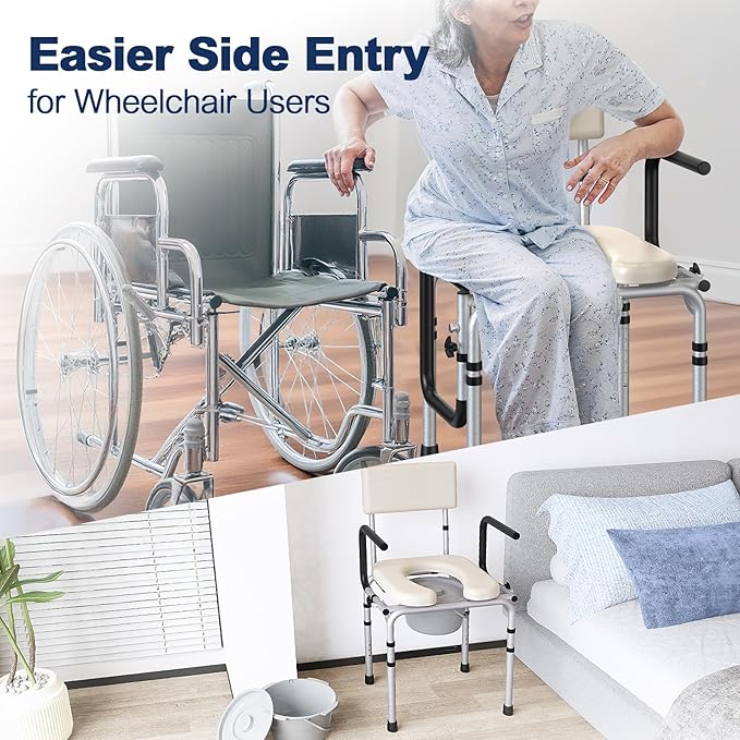Drop Arm Bedside Commode, Commode Toilet with Padded Seat and Backrest, 400lbs Capacity, 6.3QT Removable Bucket and Splash Guard, Adjustable Height Portable Toilet for Adults, Beige