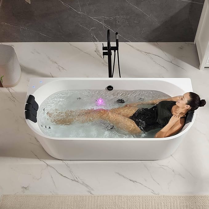 Empava Update Acrylic Whirlpool Bathtub, 71-Inch Freestanding Gracefully Oval Shaped Jetted Bathtub with Healing Chromotherapy, 18 Hydromassage Jets, Single-Ended Bathtubs, Black Nozzles