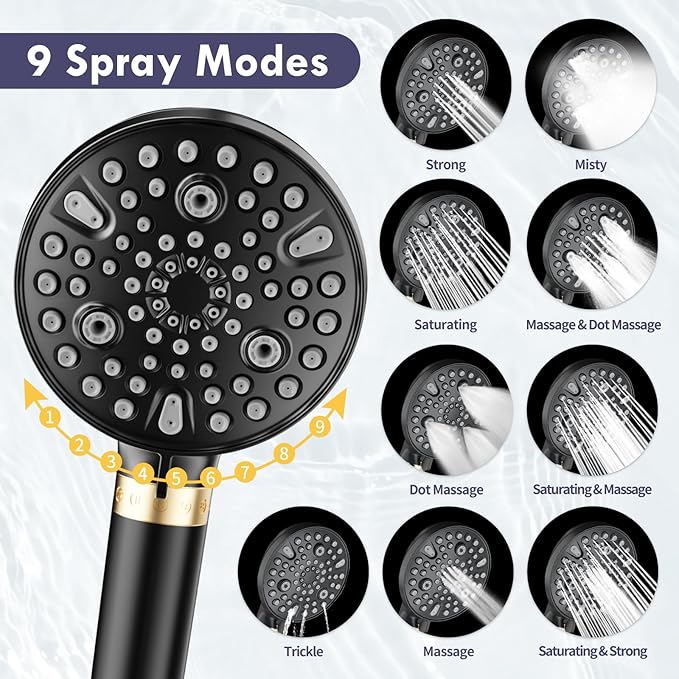 HOWUWEY Filtered Dual Shower Head with Handheld Spray Combo for Hard Water, 7.5-inch Modern High Pressure Shower Head with 9-mode Handheld and Filter, 79-inch Hose (Filtered, Matte Black)