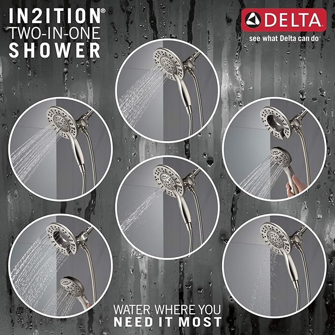 Delta Arvo 14 Series Brushed Nickel Shower Faucet Set with In2ition 2-in-1 Dual Shower Head with HandHeld Spray Combo, Valve Trim Kit, SpotShield Stainless 142840-SP-I (Valve Included)