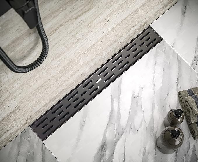 HEATGENE 24-Inch Linear Shower Drain in Venetian Bronze - Stainless Steel Rectangular Shower Floor Drain - Removable Decorative Cover - Adjustable Leveling Feet - CUPC Certified