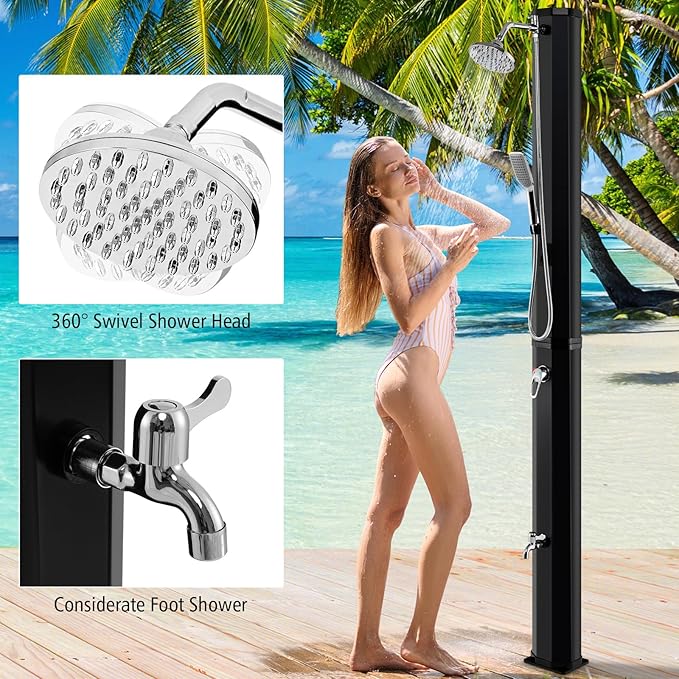 Goplus 9.3 Gallon Solar Heated Outdoor Shower, 7.2 FT Freestanding Garden Shower w/ 360° Swivel Shower Head, Foot Shower, Temperature Adjustment, for Poolside Backyard Beach (Black w/Handle Head)