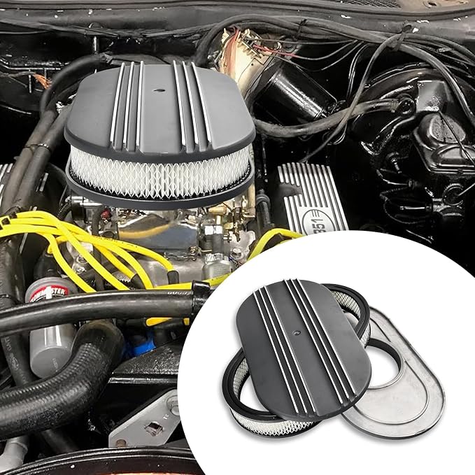 15" Black Aluminum Air Cleaner Assembly Kit Alloy Oval Partial Half Finned - Image 6