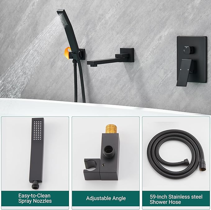 DASAN Swiveling Wall Mount Tub Filler Faucet Set with Hand Held Shower, Matte Black Modern Creative Bathtub Faucet Wall Mounted Bath Tub Faucet with High Flow Rough in Valve, SA-TF05WH-MB