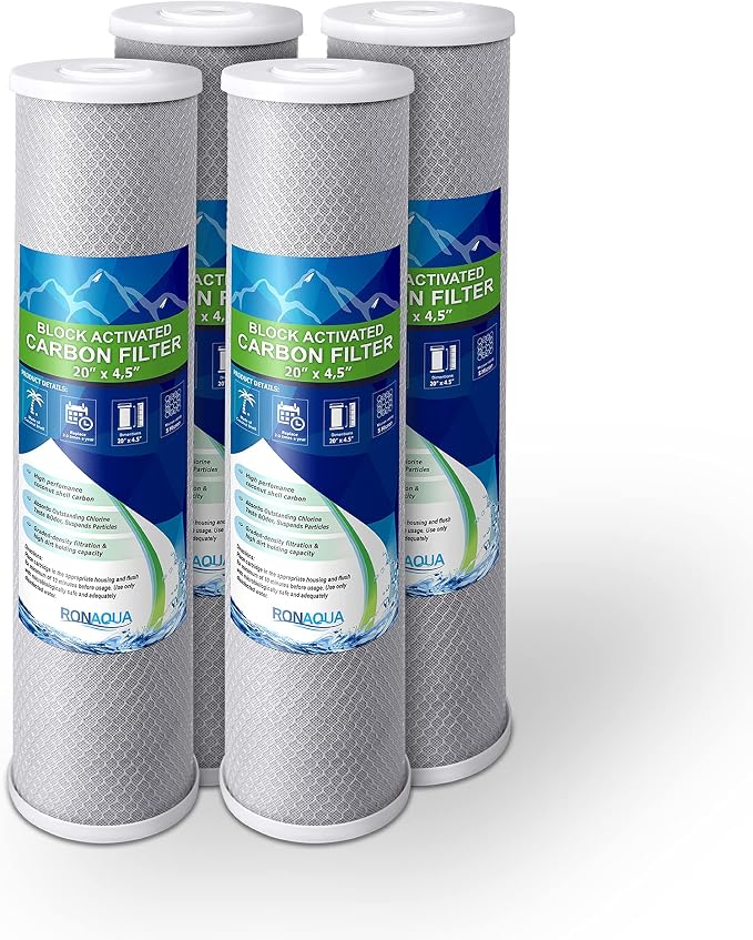 High Capacity Coconut Shell Carbon Block Water Filter 5 Micron Cartridge 4.5" x by Ronaqua