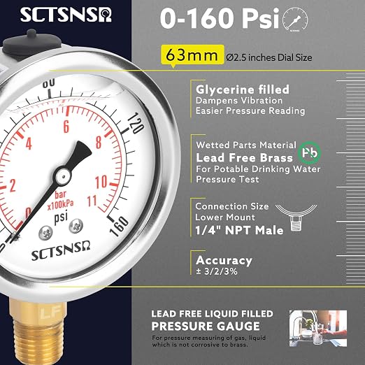 2-1/2" Dial Size, 0-160 Psi Lead-Free Pressure Gauge, Glycerin Liquid Filled - Image 2