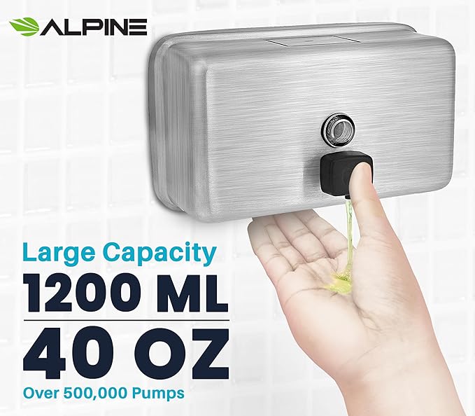 Alpine Commercial Wall-Mounted Soap Dispenser – Stainless Steel, Liquid, Manual Pump, ADA Compliant, 1200ml for High-Traffic Bathrooms (Horizontal)