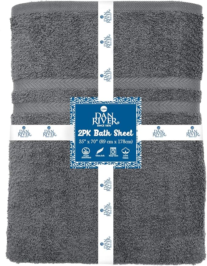 DAN RIVER 2 Pack Luxury Bath Sheets 35x70, 600 GSM, Soft & Quick Dry 100% Ring Spun Cotton Towels Ideal for Hotels, Spas, Gyms & Salons Extra Large, Gray