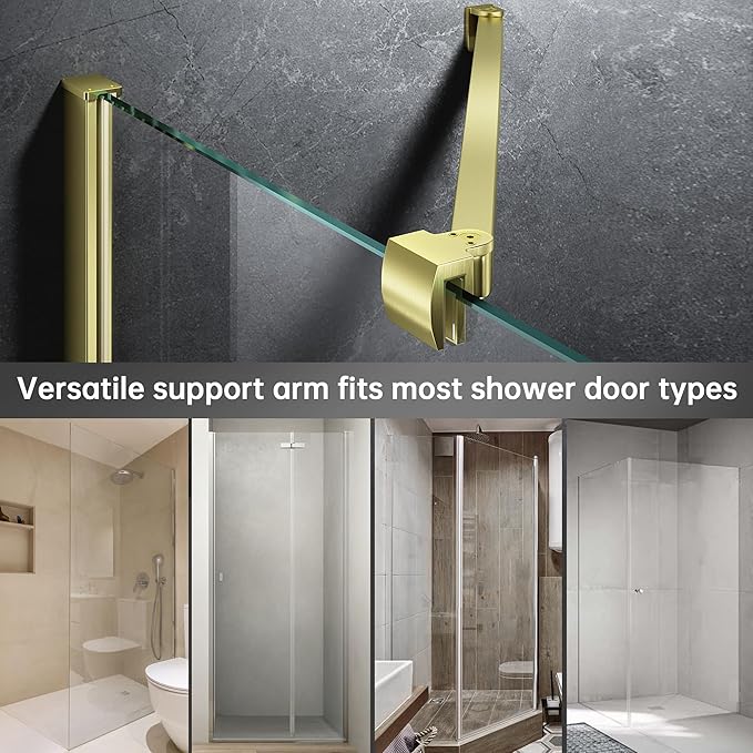 Frameless Shower Door Support Bar, Stainless Steel Wall-to-Glass Support Arm to Fixed Shower Glass Panel, for 1/4"-3/8" (6-10 mm) Door, 180° Pivot & Stow-Flat Mode (Brushed Gold, 35.4-inch(900mm))