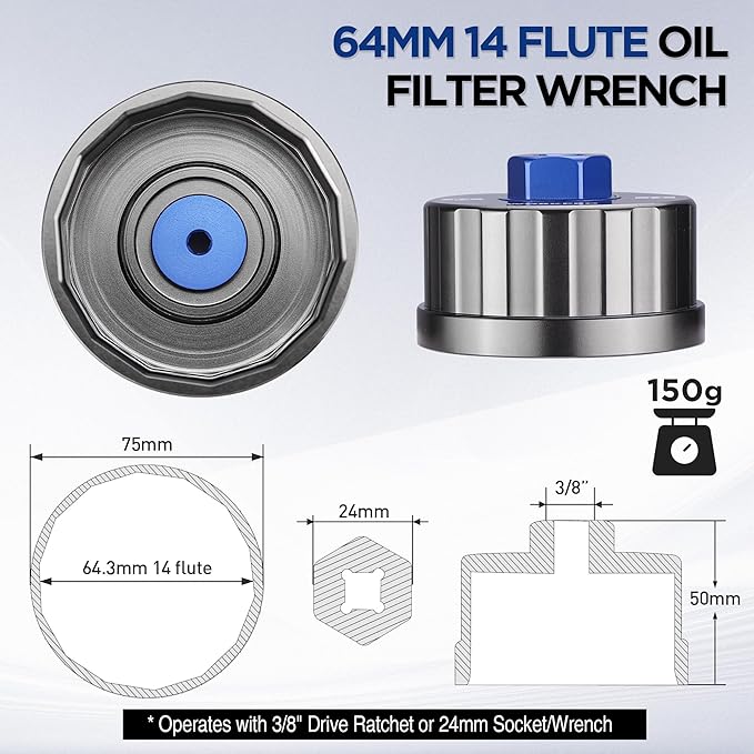 WORKPRO Oil Filter Wrench for Toyota Lexus..., 64mm 14 Flute Precision CNC - Image 4