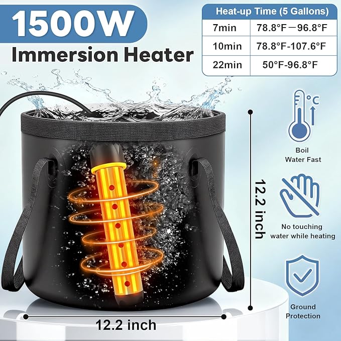 Portable Shower with Heater 1500W Camping Water Heater with Shower Head 3 Spray Modes, 6000mAh Rechargeable Shower Pump with LED Display Foldable Bucket Outdoor Showering for Hiking RV Car Travel Pet