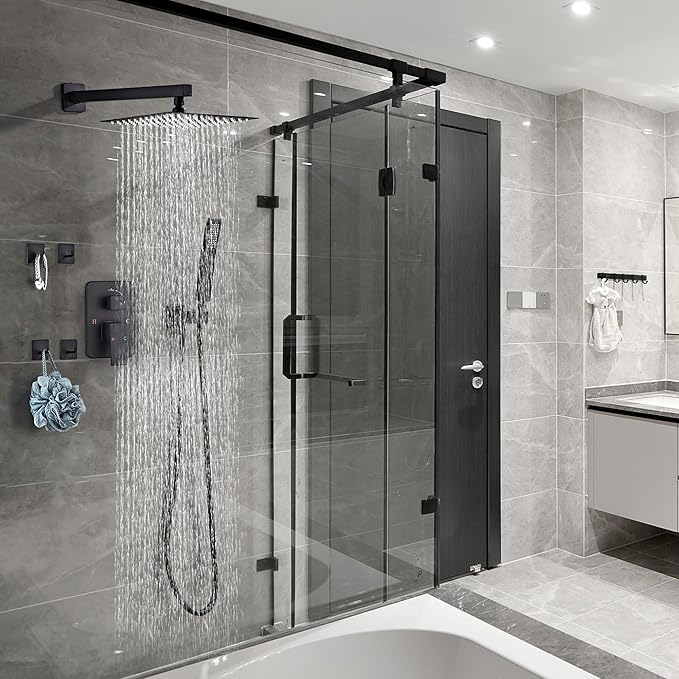 Shower Faucet Set, Matte Black Rainfall Shower System Complete Wall Mounted for Bathroom with 12 Inch Square Shower Head and Handheld Shower Head Rain Mixer Combo Set