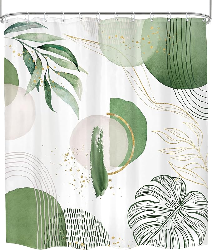Green Boho Shower Curtain 60Wx72H Bohemian Mid Century Modern Abstract Palm Leaves Tropical Gold Olive Geometric Plant Bathroom Decor Minimalist Bath Curtain Fabric Polyester 12 Pack Hooks