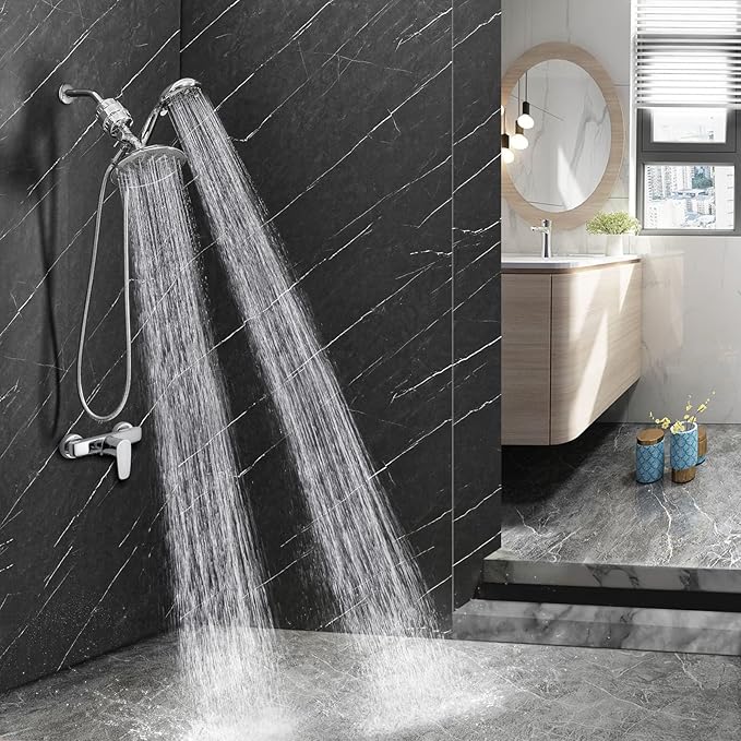 Dual Filtered Shower Head Showerhead 79" Hose Handheld Sprayer Combo, Filtration Rain Rainfall, 20 Stage Water Filter for Chlorine Well Hair Dry Skin, Metal Diverter, Chrome, (DSFC04, round, 8")
