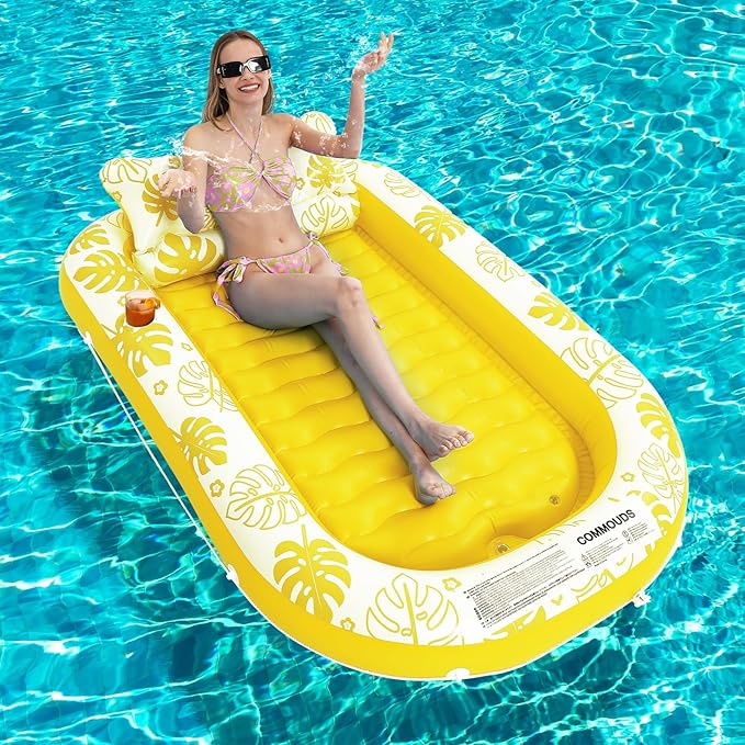 Inflatable Tanning Pool Lounger Float with Cervical Pillow - Pool Floats Adult for Sunbathing, Backyard, Pool Party - Inflate Ball Pit for Babies - Kids Swimming Pool Bed