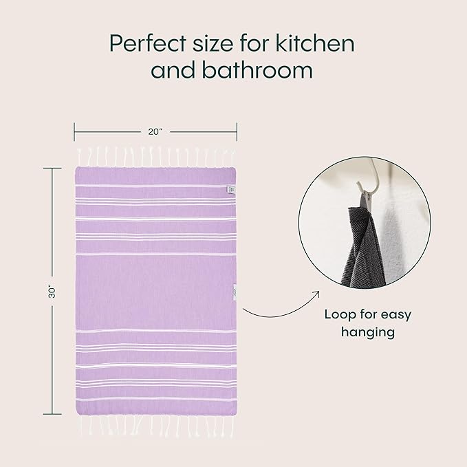 WETCAT Turkish Hand Towels with Hanging Loop, Set of 2 (20" x 30") 100% Turkish Cotton, Pre-Washed, Quick Drying, for Kitchen or Bathroom - Lilac