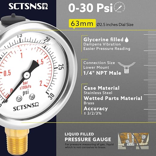 2-1/2" Dial Size, 0-30 Psi Low Pressure Gauge, Glycerin Liquid Filled, 1/4" NPT - Image 2