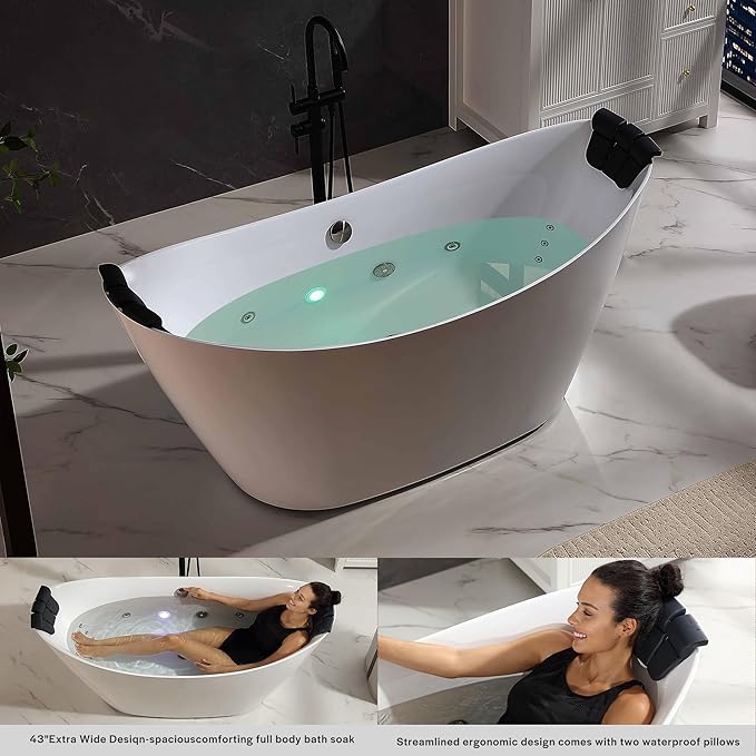 Empava Update Acrylic Whirlpool Bathtub, 67-Inch Freestanding Boat Shaped Jetted Bathtub with Healing Chromotherapy, 18 Hydromassage Jet, Double-Ended Massage Bathtub with Two Black Pillows