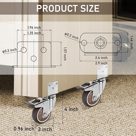Nefish 3 Inch Side Mount Casters Wheels, L-Shaped Rubber Caster Set of 4 - Image 2