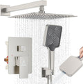 Shower System 10IN Modern Rain Brass Faucet Set With Valve and Diverter Shower Mixer With Handheld High Pressure Square Rainfall Shower Valve (10'' Wall Mount, Brushed Nickel)