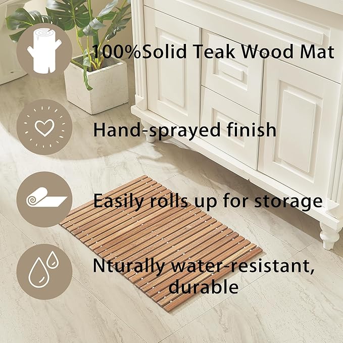 OLDTREE 15.78" W x 23.62" L Foldable Teak Shower Mat, Non Slip, Luxury Wood Bathroom Mat for Spa Home,Indoor or Outdoor