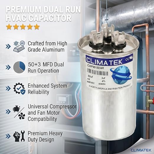 ClimaTek 50 + 3 MFD 370/440 Volt Dual Run Capacitor CAP99-5034R | 50/3 VAC | - Image 5