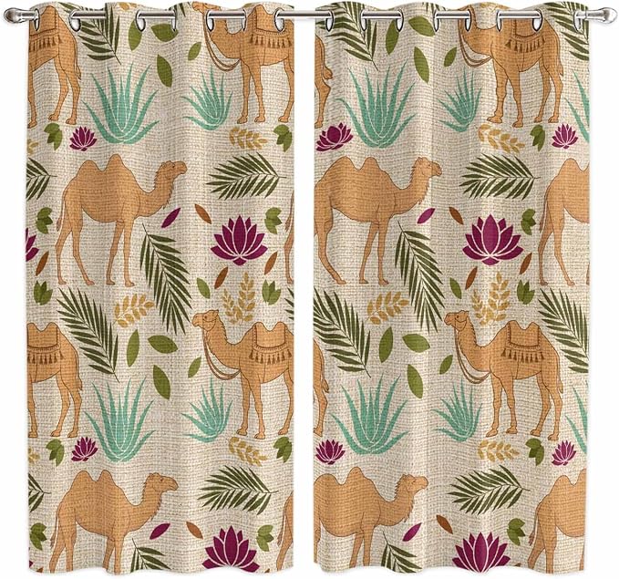 2 Panel Kitchen Cafe Curtains, Desert Camels Sunlight Filtering Nature Air by Hokiten