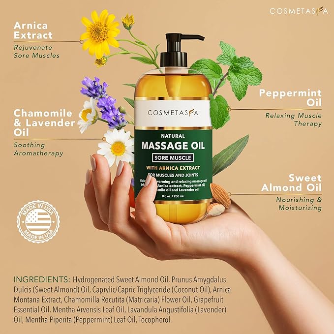 Cosmetasa Sore Muscle Massage Oil with Deep Tissue Massager - Thumb Saver and Oil Soothes Muscle and Joint with Arnica Extract, Peppermint, Chamomile, and Lavender Oil 8.8 Fl Oz