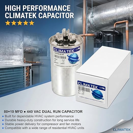 ClimaTek 80 + 10 MFD 370/440 Volt Dual Run Round Capacitor CAP99-8014R | 80/10 - Image 2