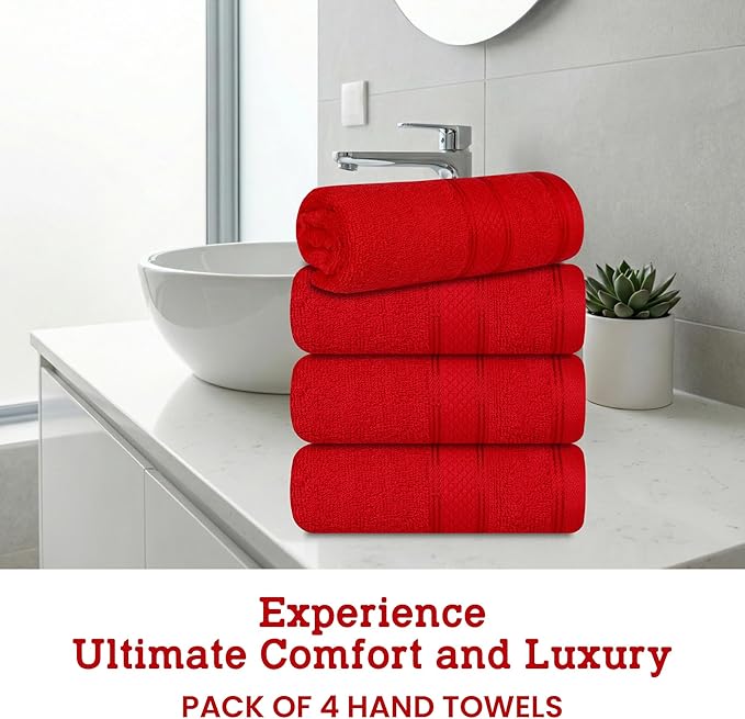 Casa Lino 100% Cotton Hand Towels for Bathroom - Soft, Highly Absorbent & Quick Dry Kitchen Towels - Gym Towel Set - Travel Towel Set - 24" x 16" - Pack of 4 - (Red)