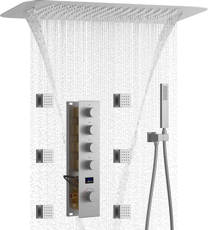 Brushed Nickel Shower Faucet Set with 6 PCS Body Jet, 16X24 inch Ceiling Mount Shower Head(Rainfall&Waterfall Mode), Handheld Shower, with Digital Temperature Display Function