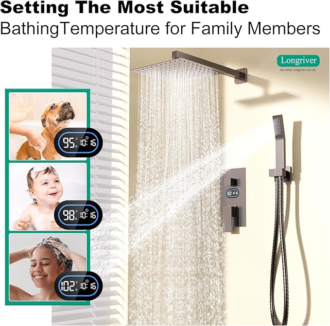 Longriver Shower Faucet Set with Hydro Power Temperature Display, Shower 12 Inch Shower Head with Handheld Spray, Wall Mounted Shower Fixtures with Shower Valve and Trim Kit, Oil Rubbed Bronze