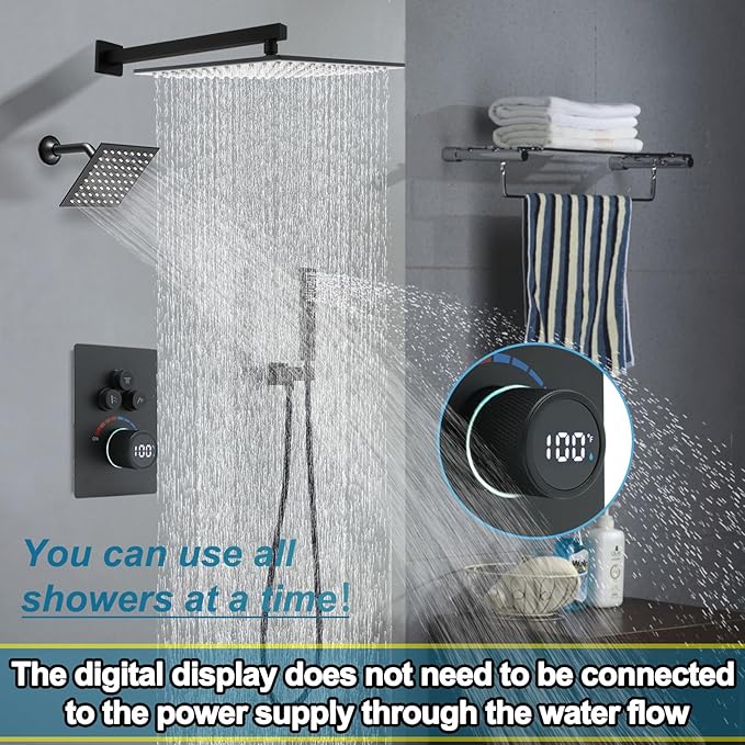 Digital Display Dual Head Shower system Rain Shower System Shower Wall Mount 10 Inch Ceiling Shower Head with 6 Inch Shower Head with shower handheld(Matte Black)