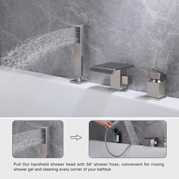TapLong Modern Roman Tub Faucet with Hand Shower, Waterfall Deck Mount Bathtub Filler Faucet with Sprayer, Widespread 3-Holes Tub Shower Faucet Set in Brushed Nickel, 02763BN