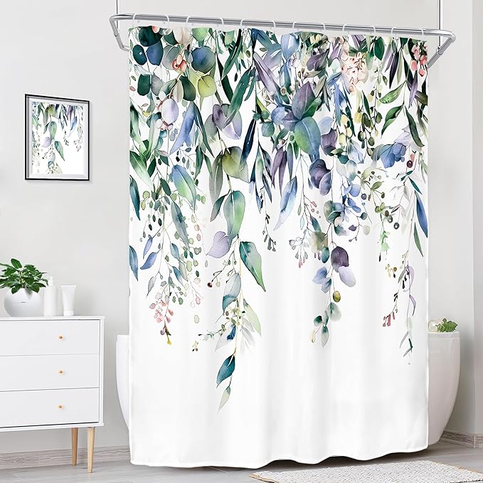 Riyidecor Extra Long Navy Eucalyptus Shower Curtain for Bathroom Decor 54Wx78H Eucalyptus Plants Leaves Botanical Leaf Floral Art Printed Fabric Polyester Waterproof 12 Pack Plastic