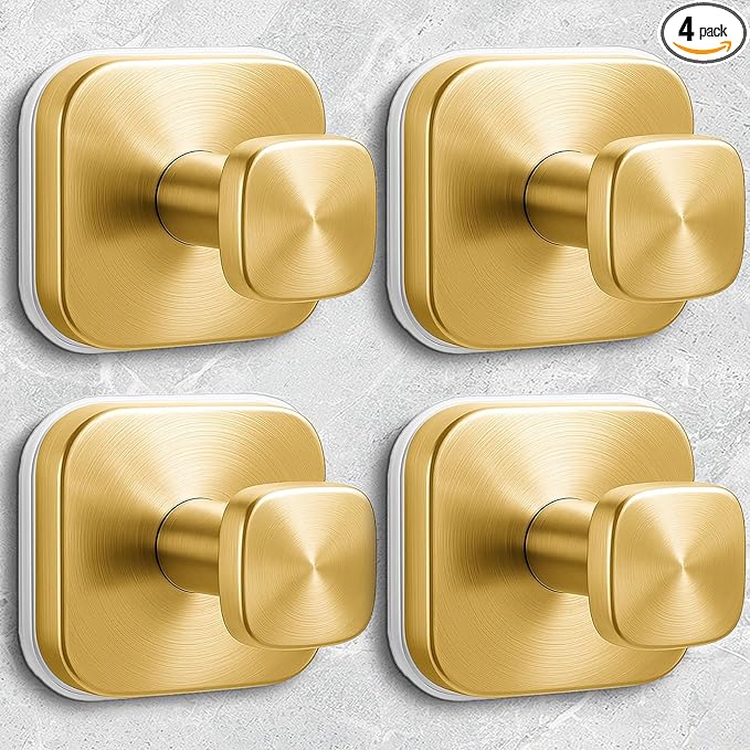Shower Hooks for Inside Shower,Reusable Suction Cup Hooks for Glass Window,Mirror,Removable Towel Hooks for Bathroom,4 Pack(Gold)