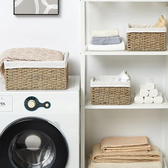 Vagusicc Wicker Basket, Seagrass Wicker Storage Basket with Built-in Handles, Baskets for Organizing, 15'' Large Storage Baskets for Shelves with Liner bathroom organizer (3-Pack Seagrass Baskets Set)