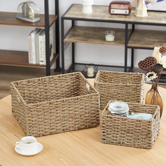 Vagusicc Wicker Basket, Seagrass Wicker Storage Basket with Built-in Handles, Baskets for Organizing, 15'' Large Storage Baskets for Shelves with Liner bathroom organizer (3-Pack Seagrass Baskets Set)