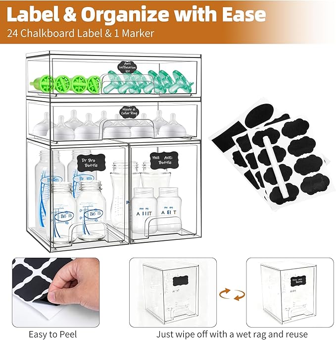 Baby Bottle Organizer, 4 Pack Stackable Storage Drawers with Labels, Clear Station Organizers Container for Pacifiers, Pump Parts, Desk Organizer Bins for Bathroom, Cabinet, Pantry, Vanity, Countertop