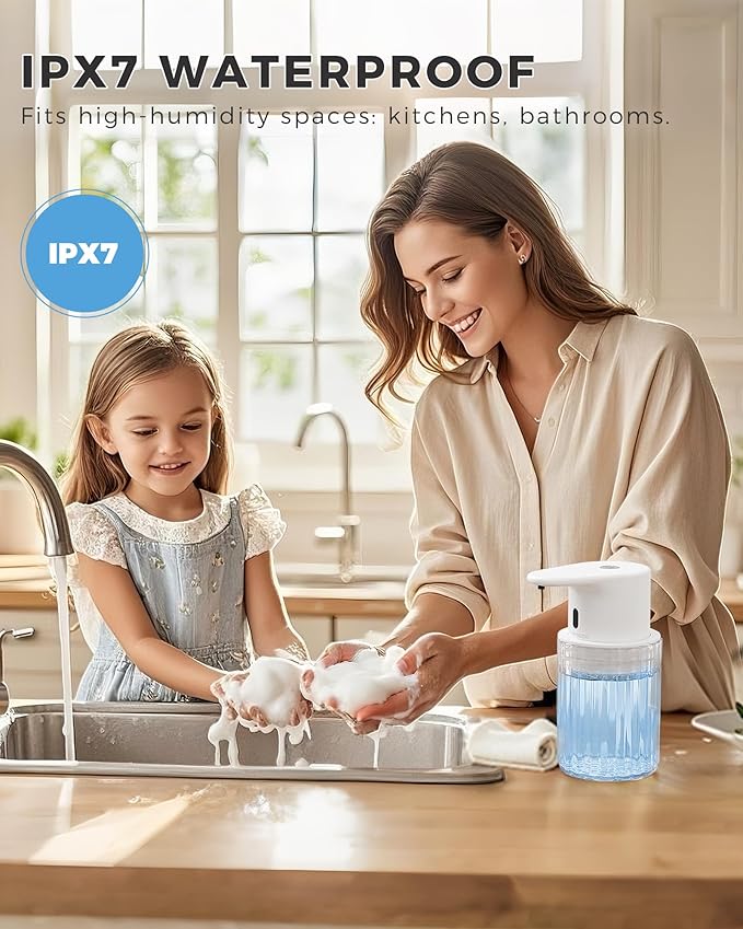Automatic Foaming Soap Dispenser Touchless, 10oz/300ml Rechargeable, 3 Adjustable Foam Levels, IPX7 Waterproof, for Kitchen Bathroom, White